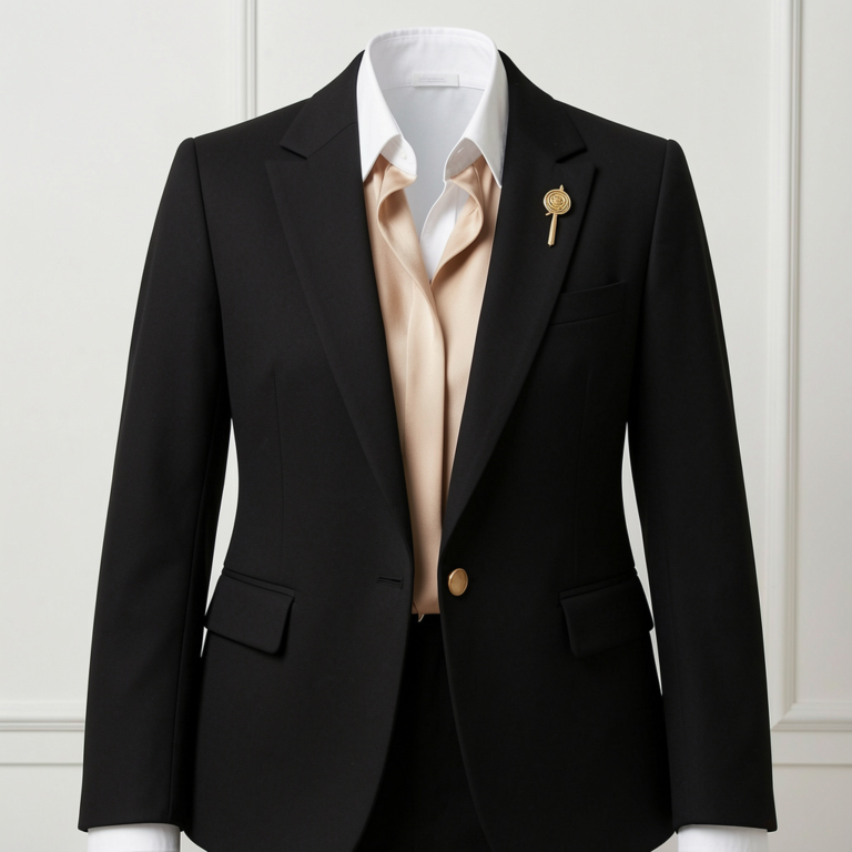 freepik corporate uniform set tailored black blazer goldaccented lapel pin beige silk blouse crisp white shirt luxury minimalism 0001