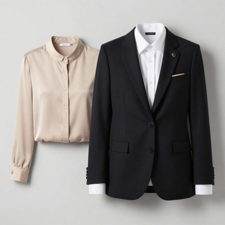 freepik corporate uniform set tailored black blazer goldaccented lapel pin beige silk blouse crisp white shirt luxury minimalism 0003