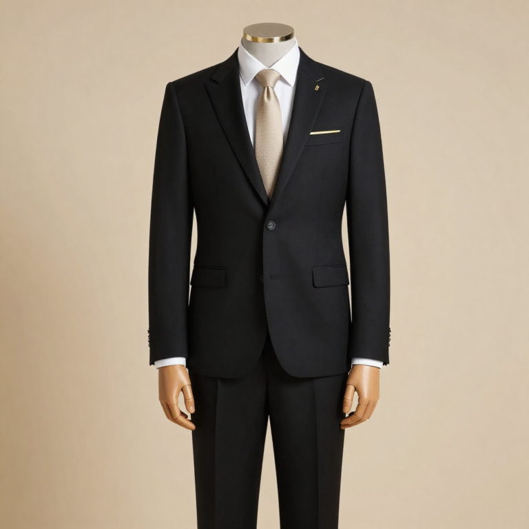 freepik corporate uniforms photos tailored black suit gold accents beige tie white shirt luxury minimalism soft studio light 0005