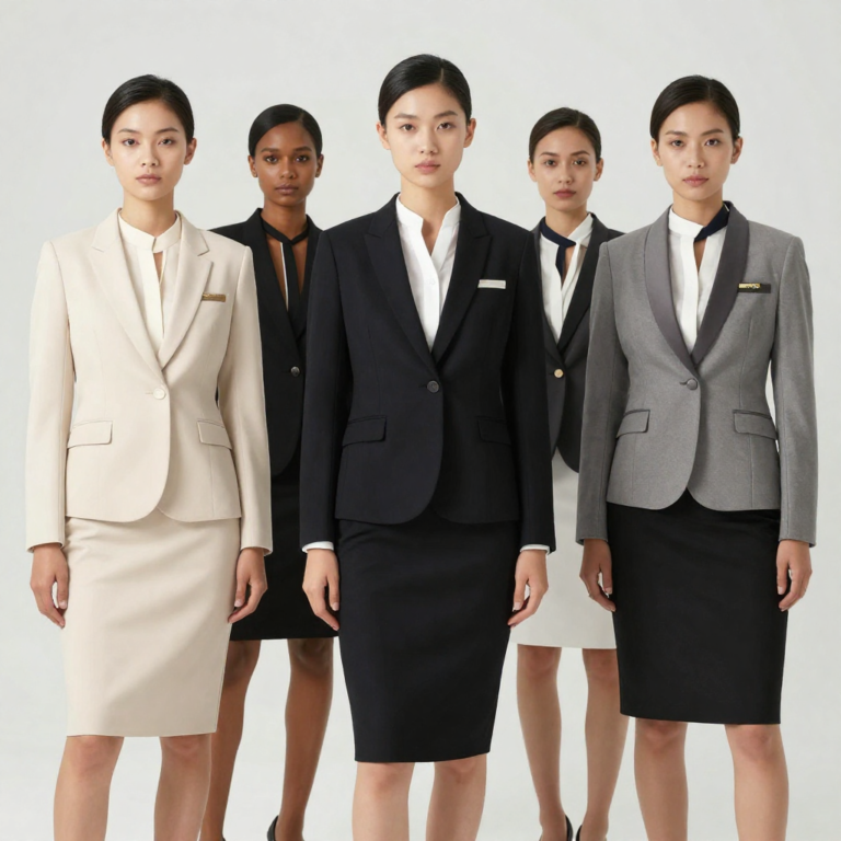 freepik diverse models in modern corporate uniforms black beige white palette sharp tailoring luxurious minimal details confident posture 0001