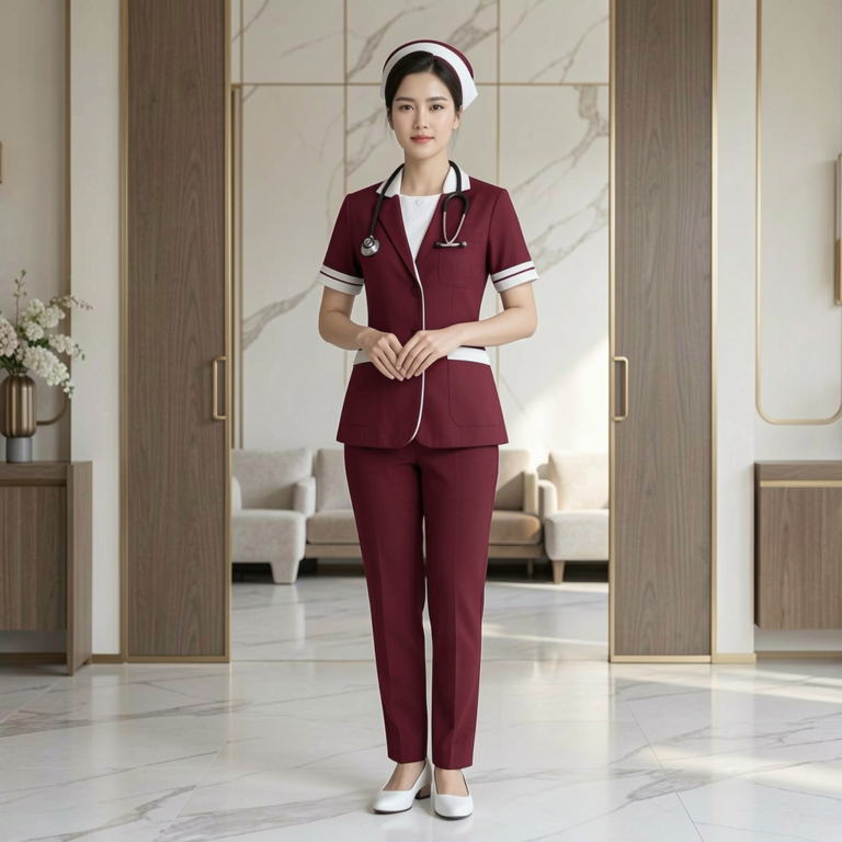freepik female nurse in dark red and white tailored healthcare uniform standing confidently luxury minimalist look 0011