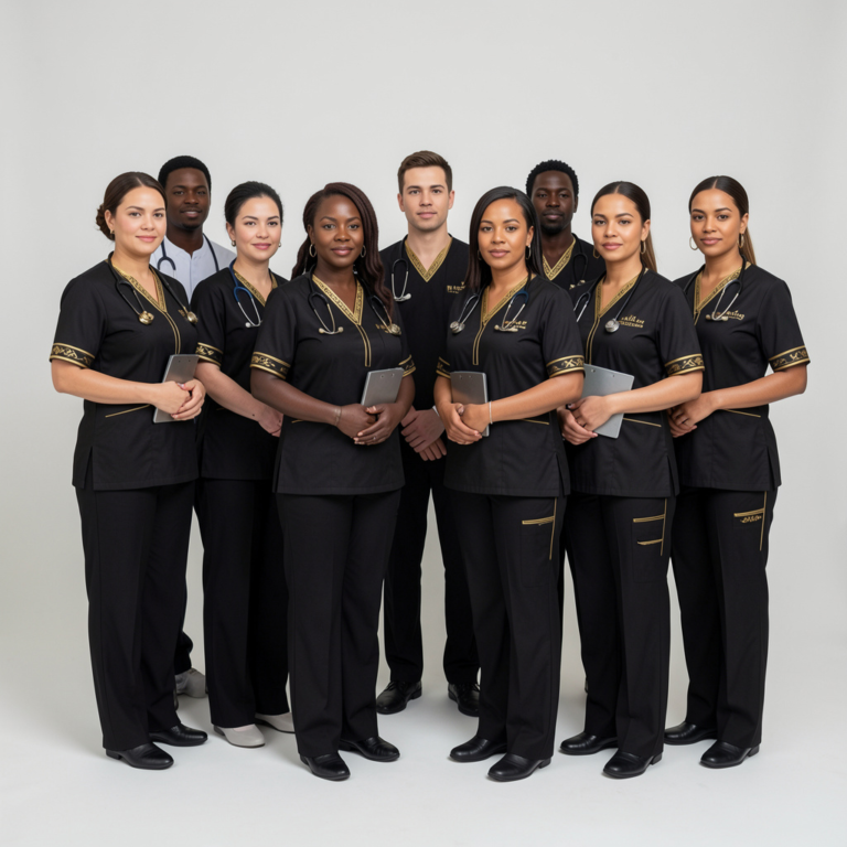 freepik group of diverse healthcare workers wearing luxury black and gold uniforms minimal studio setting crisp details 0010