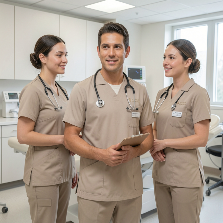 freepik healthcare staff in elegant clinical uniforms neutral tones realistic fabric textures clean clinic environment premium branding aesthetic 0001