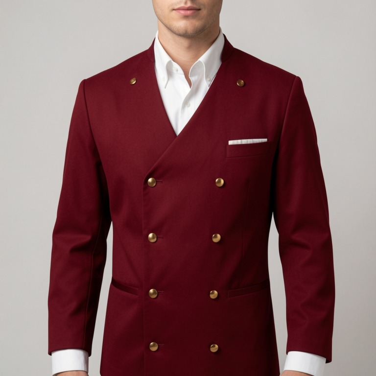 freepik hospitality uniform photos dark red waiter jacket with white shirt gold buttons luxury minimalism studio square crop 0008
