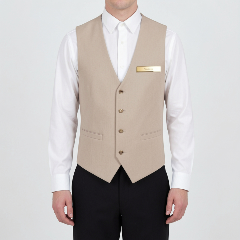 freepik hospitality uniform set beige tailored vest black trousers white dress shirt gold trim nameplate refined minimal details 0002