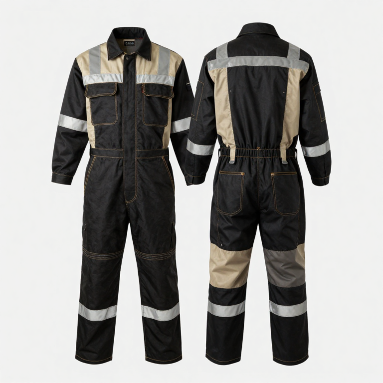 freepik industrial uniform set durable black coverall reinforced beige panels gold safety stitching white highvisibility accents practical luxury 0004