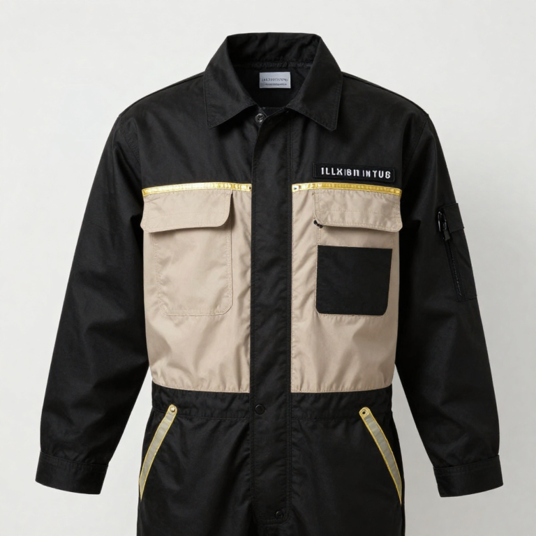 freepik industrial uniforms photos black durable coveralls beige panels gold reflective trim branded patch luxury minimalism soft studio light 0013